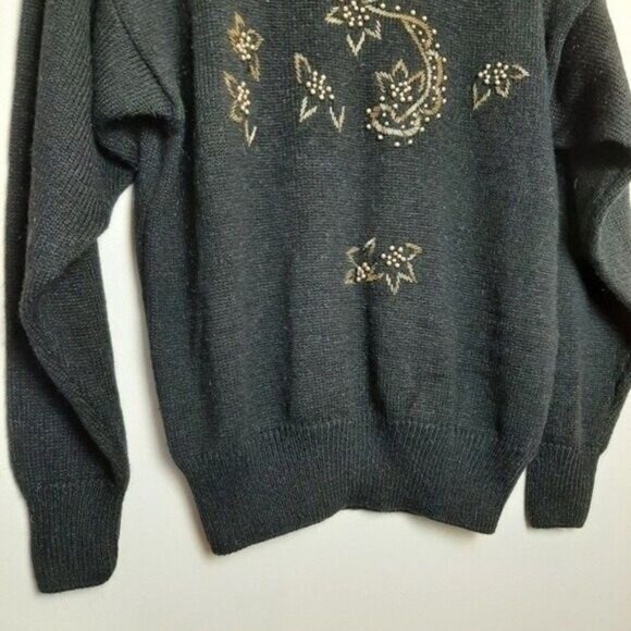 VINTAGE New w Tags Fuzzy Sweater Black Floral Embellished Sz L - Picture 6 of 8